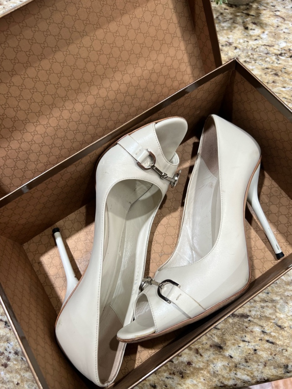 GUCCI Horsebit Silver Accent Cream Peep-Toe Stiletto Heels 40 - Picture 12 of 13